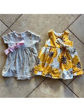 Carter's 3mo Yellow Floral and Gray Leopard Kids Dress Set w/headbands Summer